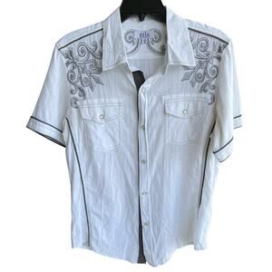 PILA pearl snap silver black embroidered short sleeve shirt ribbed EUC Sz M